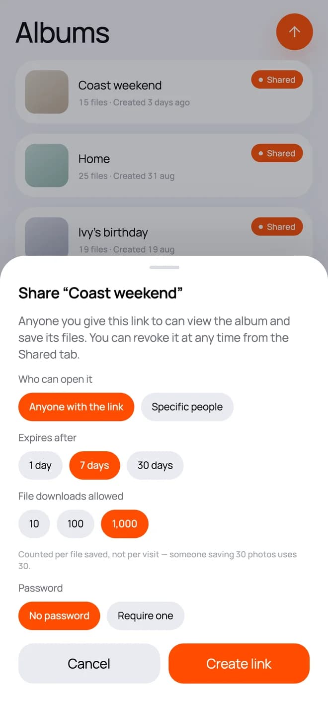 CloudWink album sharing controls with expiry, download limit and password, using demo data