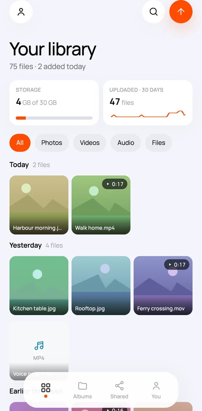CloudWink mobile library with dated files and storage information, using demo data