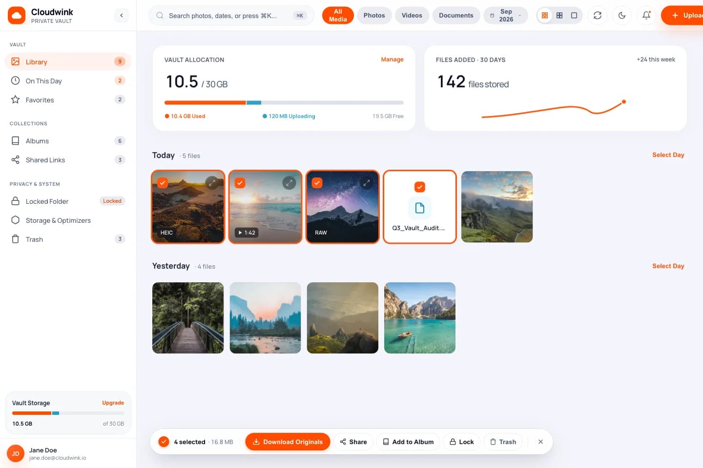 CloudWink desktop prototype: sidebar, media gallery and file actions, using sample data